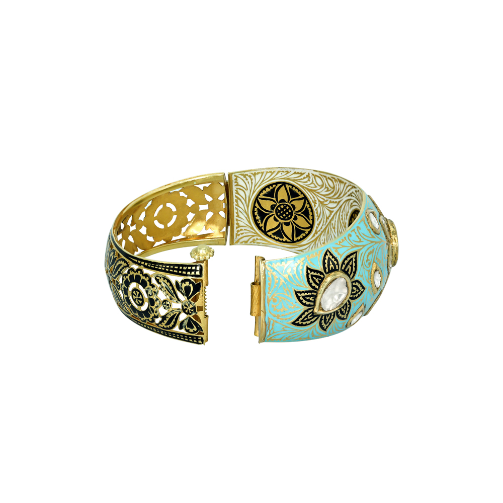 Turquoise Enamel Bangle with Polki Florals and Engraved Band